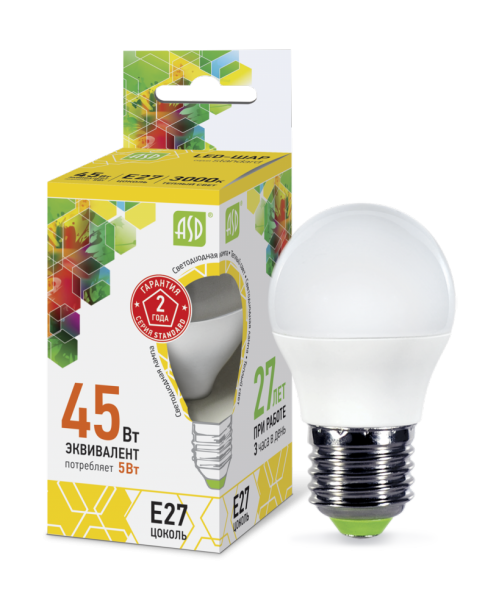Лампа светодиодная LED-ШАР-standard 5Вт 230В Е27 3000К 450Лм ASD