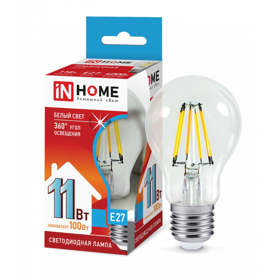 Лампа светодиодная LED-A60-deco 11Вт 230В Е27 4000К 1160Лм прозрачная IN HOME Лампа светодиодная LED-A60-deco 11Вт 230В Е27 4000К 1160Лм прозрачная IN HOME