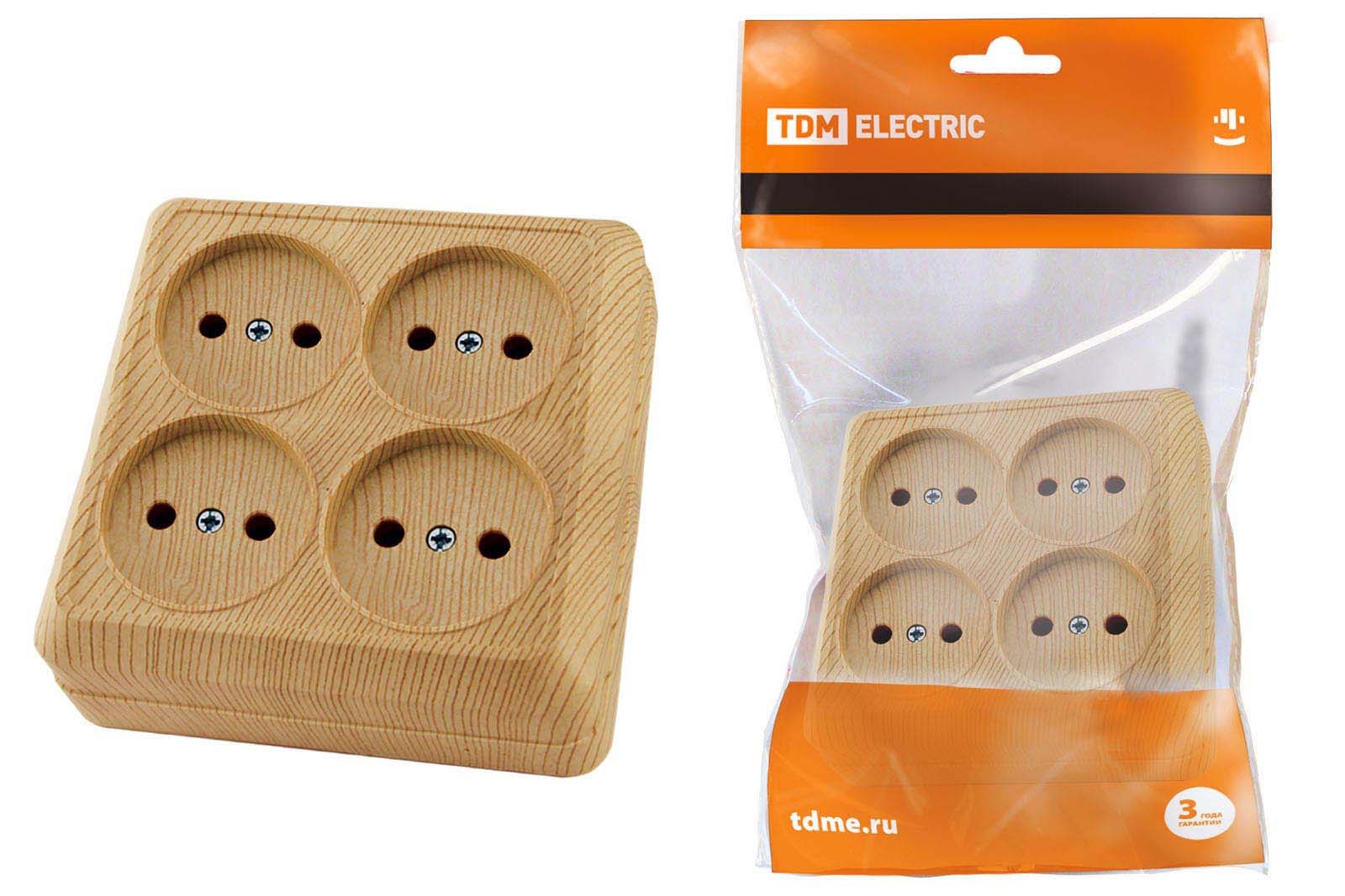 Розетка четырехместная 2П открытой установки IP20 10A сосна Ладога